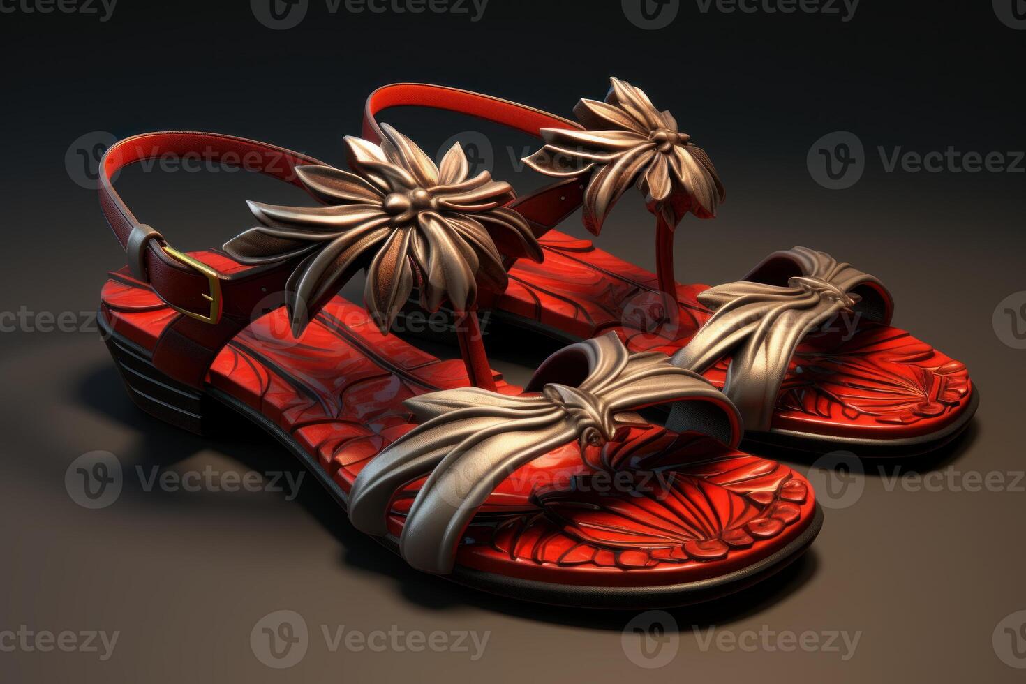 Elegant red and silver sandals with floral decorations resting on a surface photo