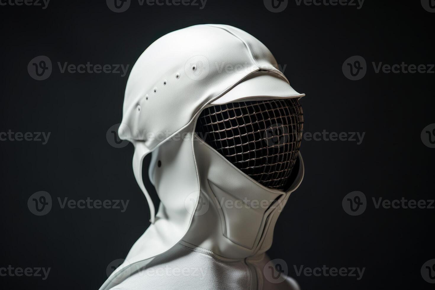 White fencing helmet with metal mesh mask on dark background photo