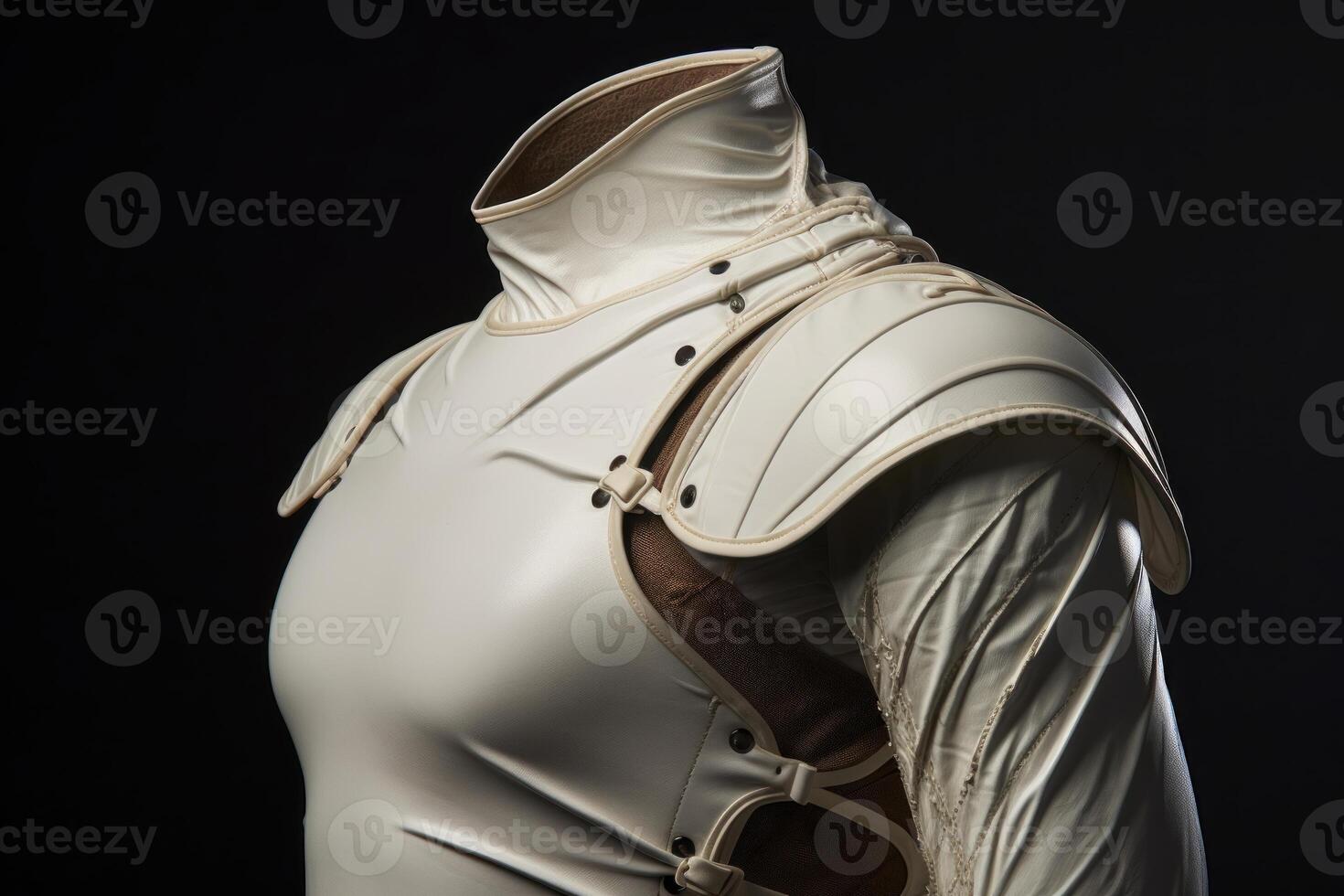 White leather armour protecting chest and shoulders on black background photo