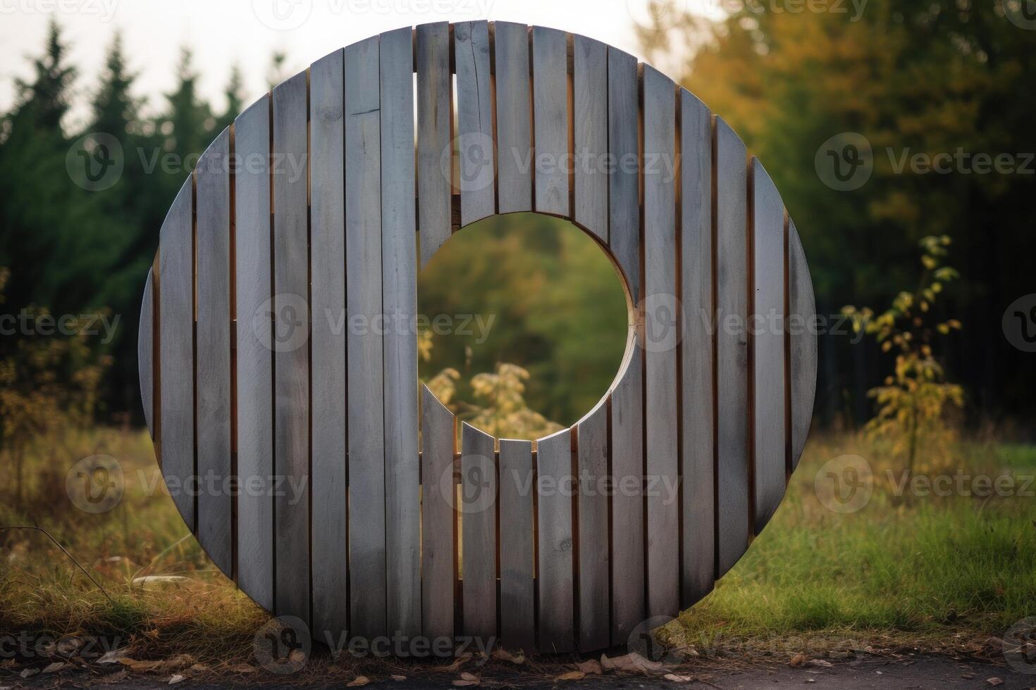 Round wooden gate framing scenic forest view in autumn landscape photo