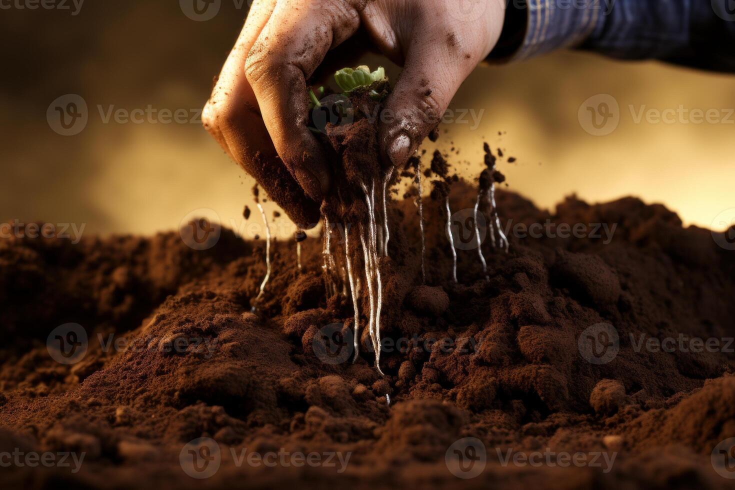 Farmer planting seedling in fertile soil, revealing its roots photo