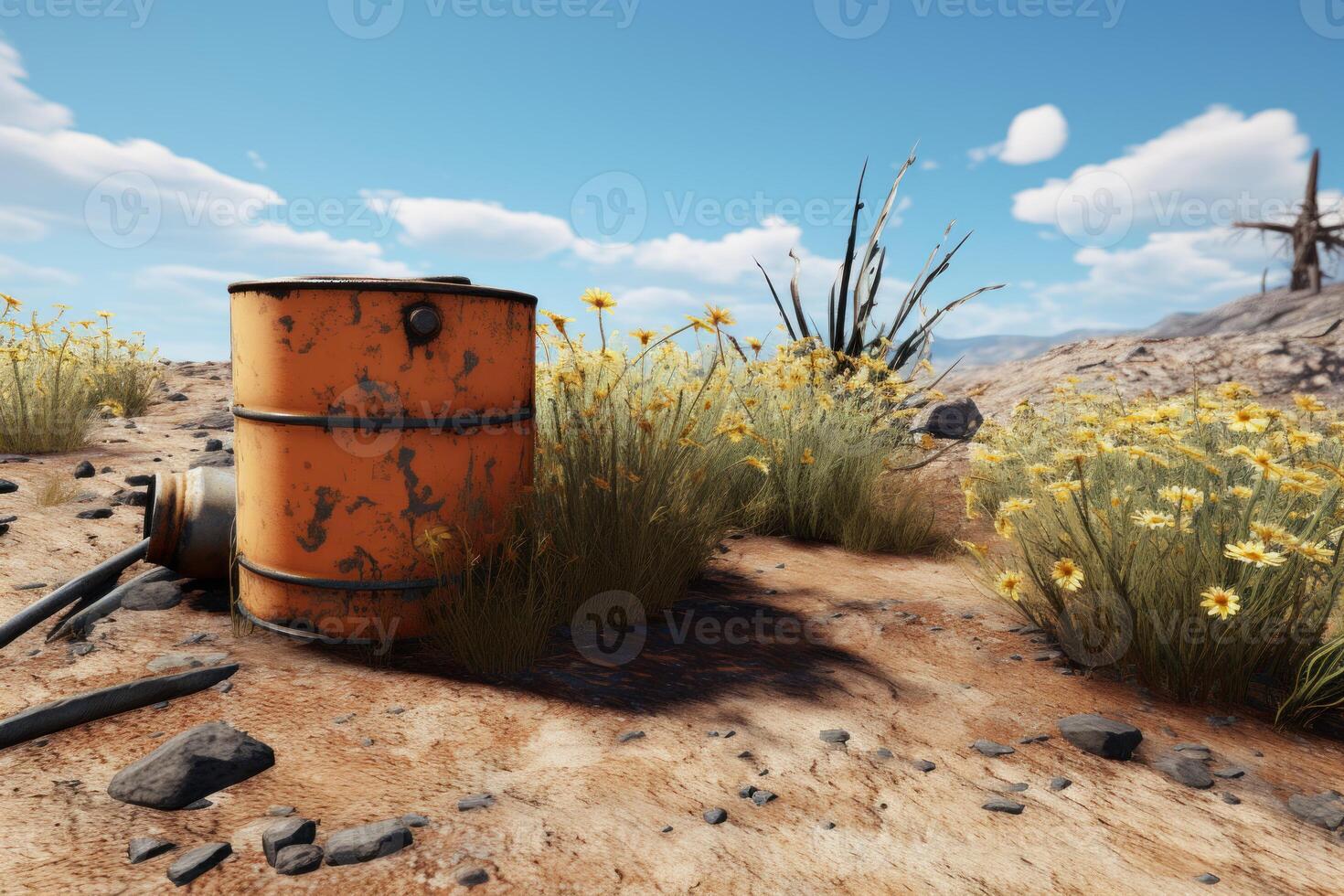 Rusty barrel polluting desert landscape with yellow flowers photo