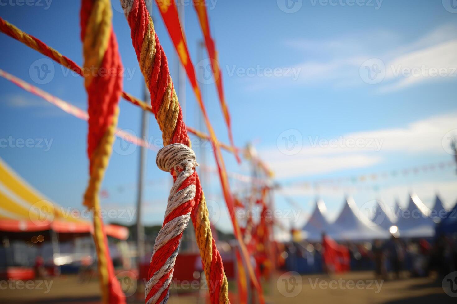 Red and yellow ropes knotted together at outdoor event with tents and flags photo