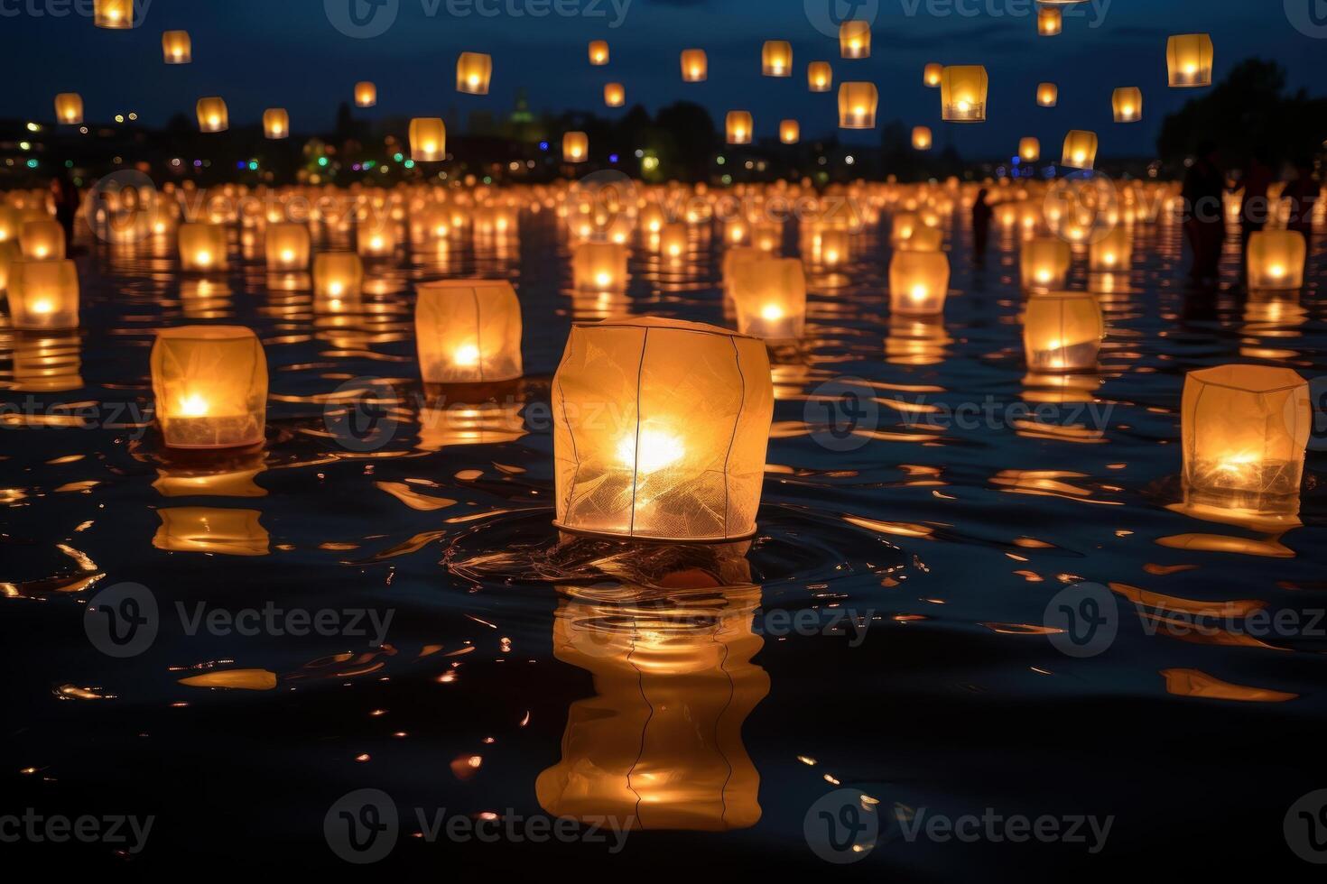 Many floating lanterns are floating in the water photo