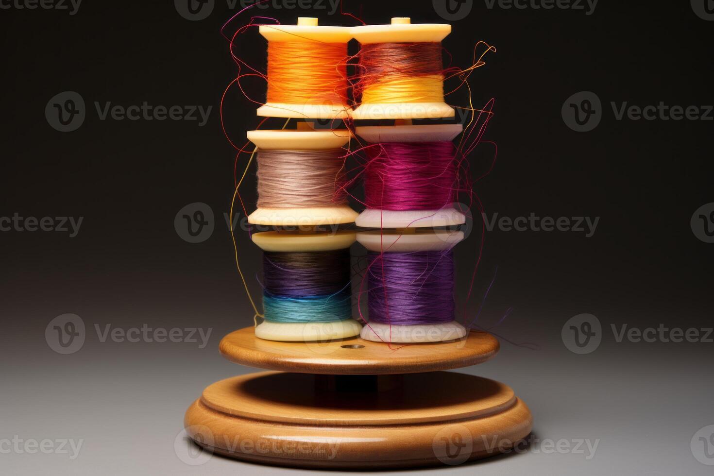 Colorful spools of thread sitting on wooden rack against dark background photo