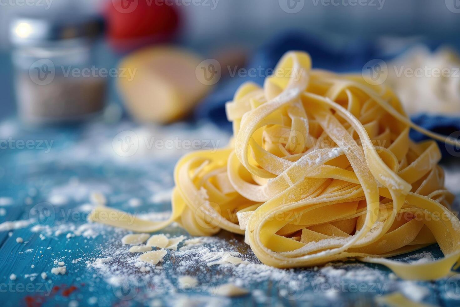 Uncooked fettuccine pasta nest with parmesan and flour on rustic table photo