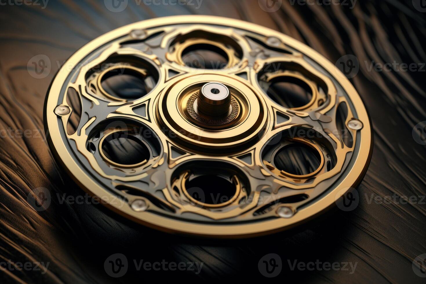 Luxury gold and carbon fiber cylinder rotating on dark wood surface photo