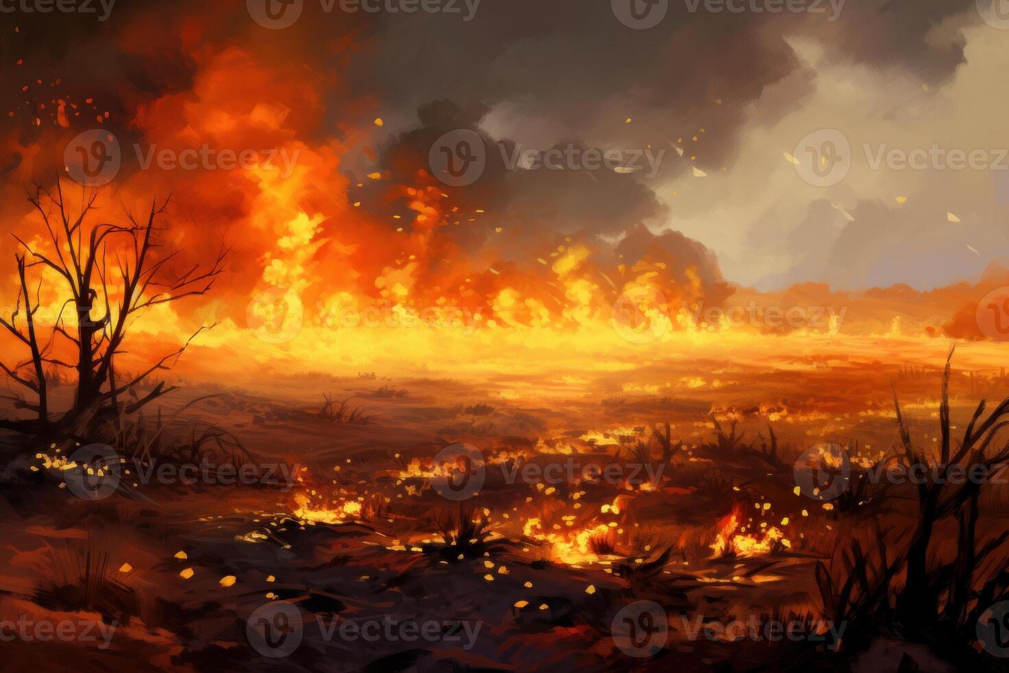 Wildfire burning through dry grassland under dark, cloudy sky photo