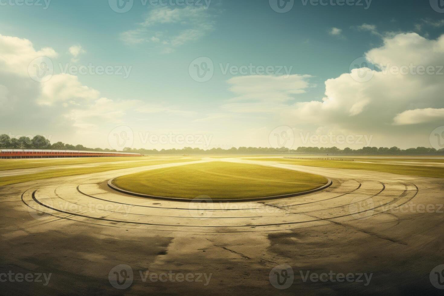 Empty racetrack curve at sunset with tire marks and dramatic sky photo
