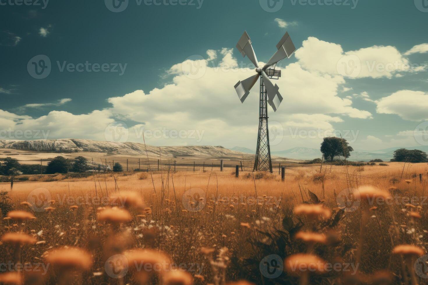 Multi blade wind turbine providing sustainable energy in rural landscape photo