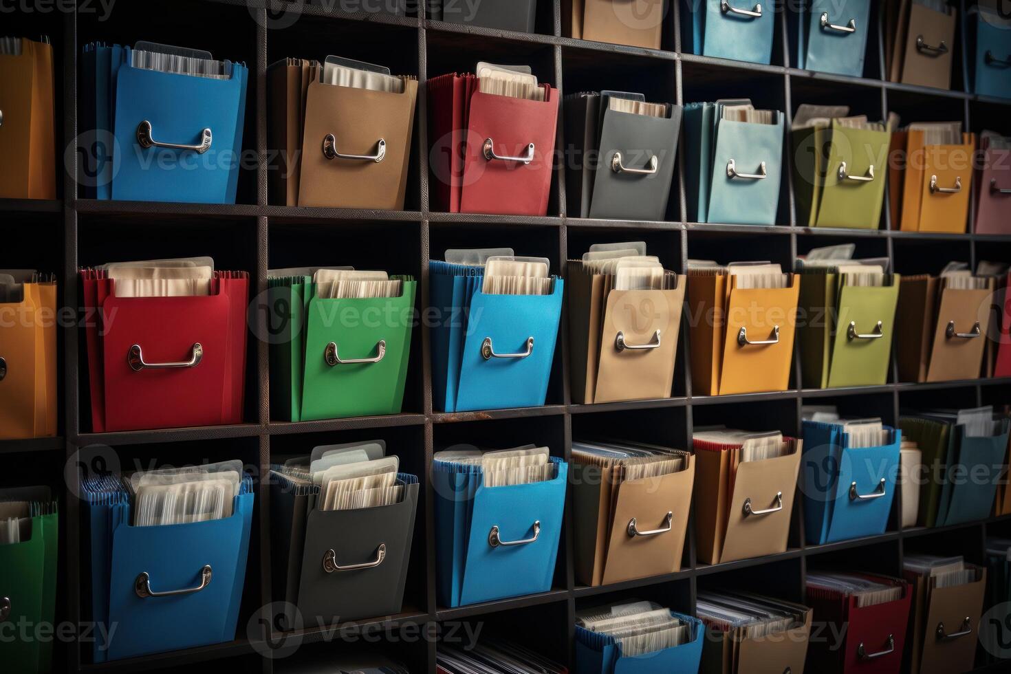 Colorful hanging folders containing documents in archive room photo