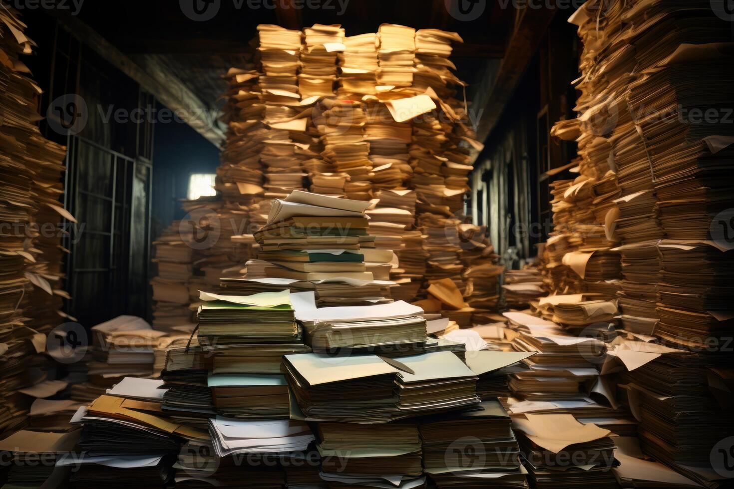 Piles of paper documents filling a room, creating a messy archive photo
