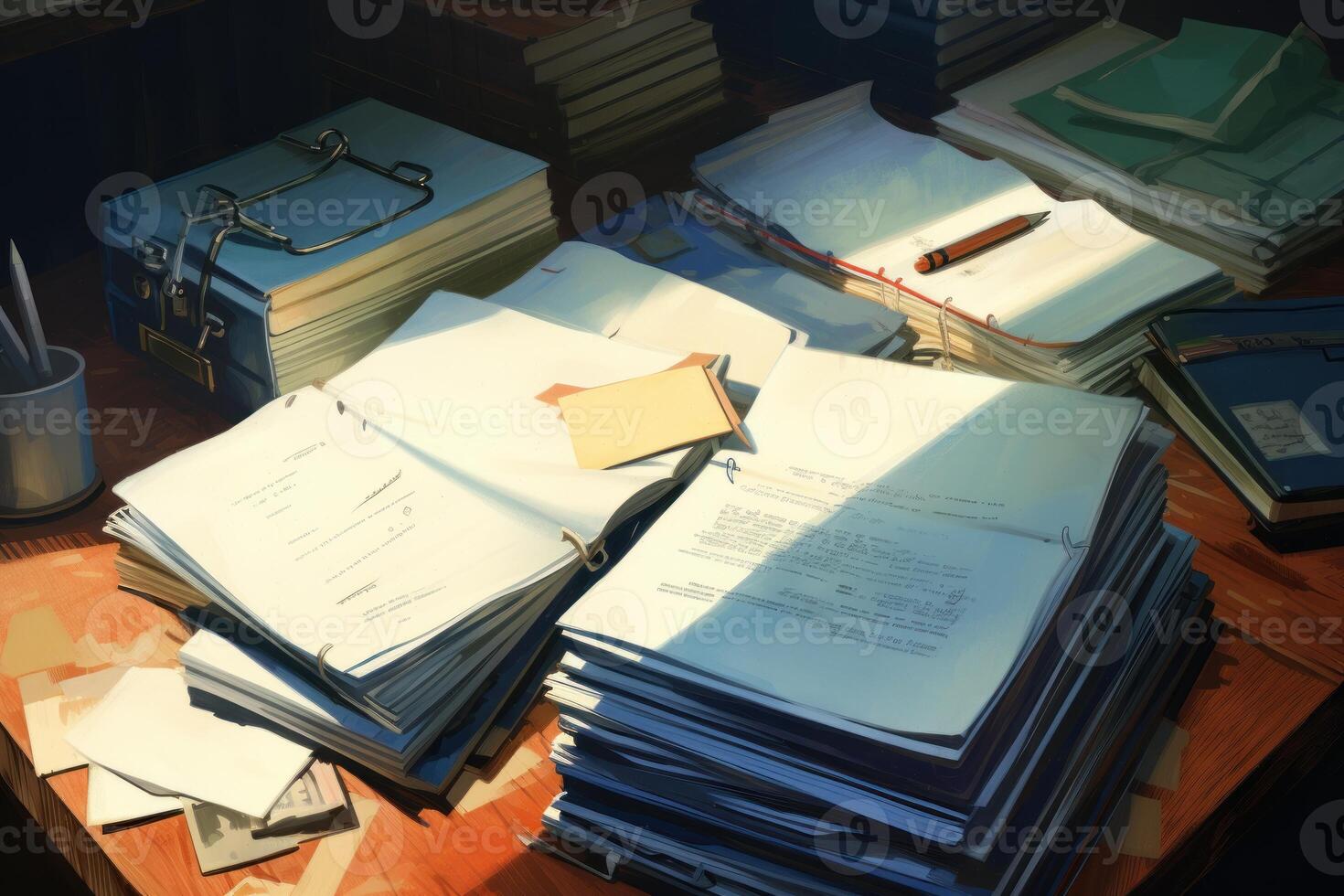 Messy desk covered in documents and files illuminating by sunlight photo