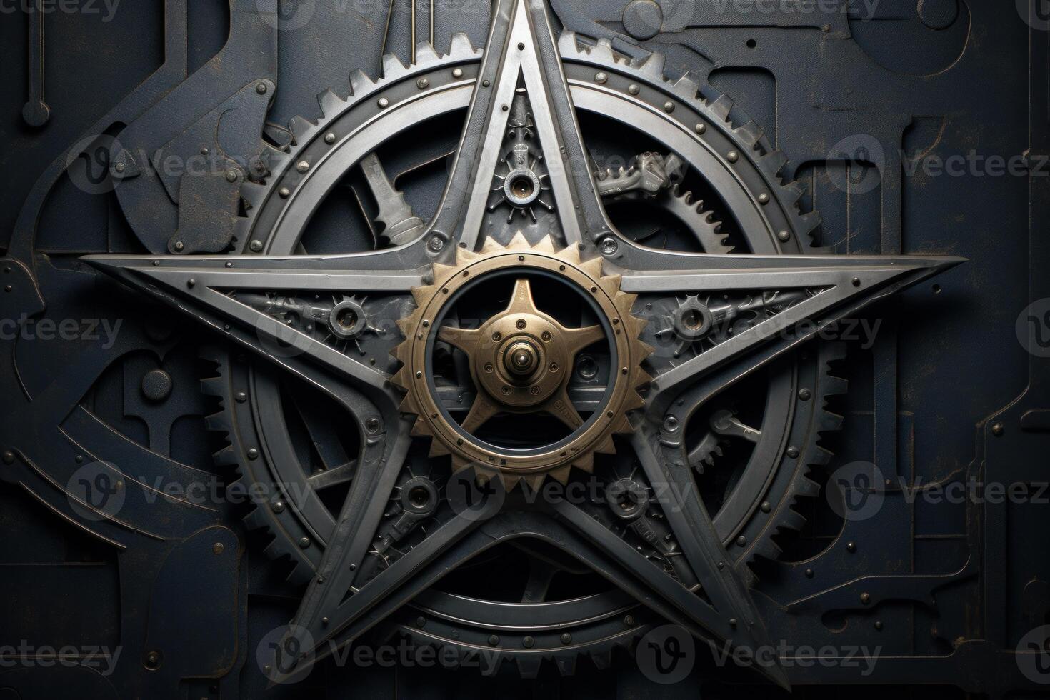 Five pointed star formed by interlocking gears rotating in complex mechanism photo