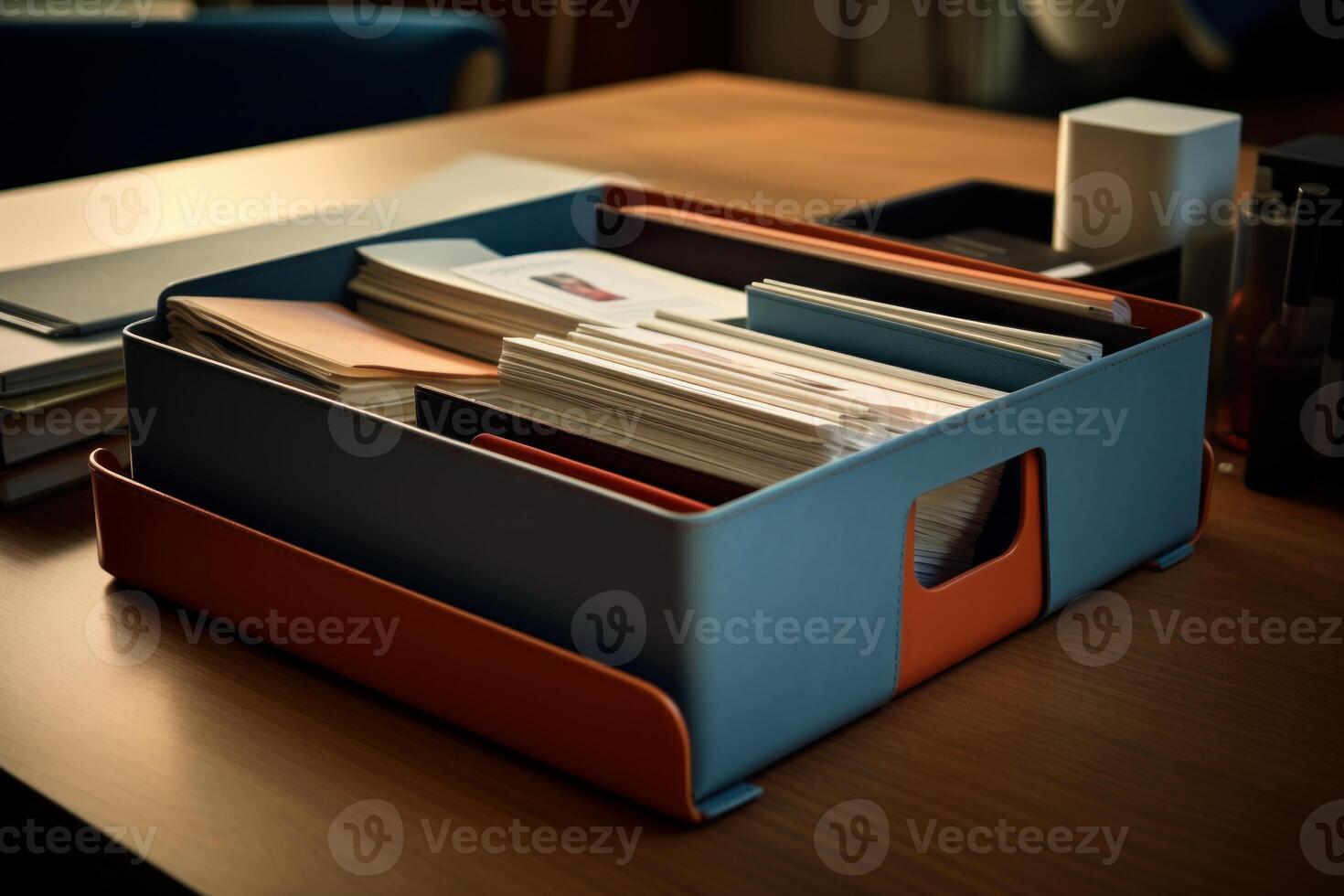 Modern desk organizer holding papers and documents in office setting photo