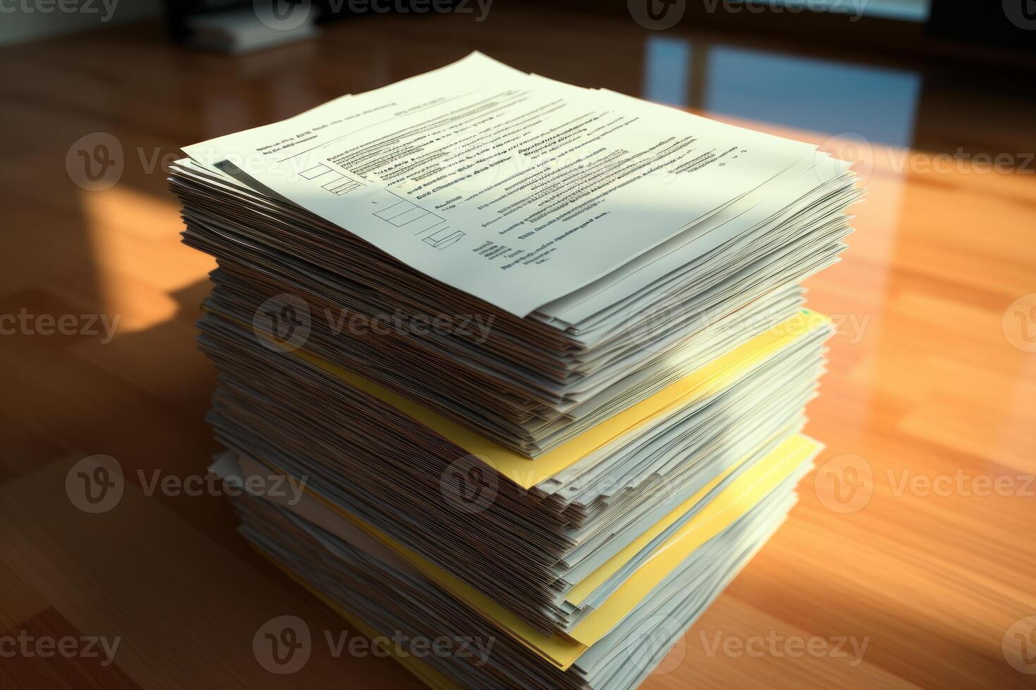 Large stack of paperwork creating a tall pile on a wooden floor photo