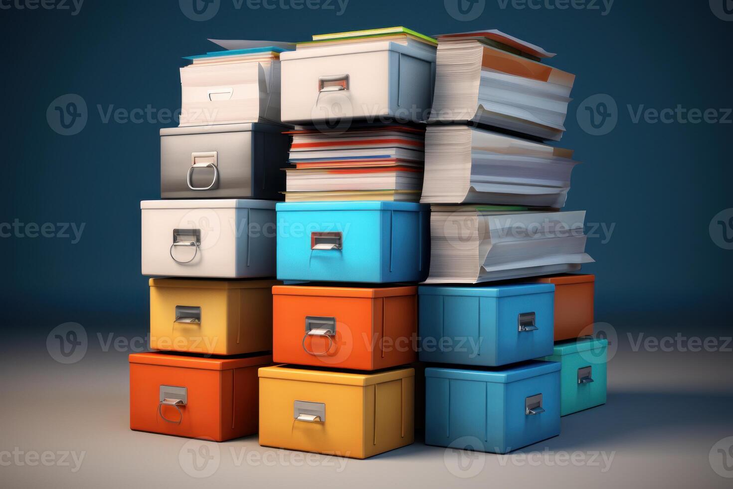 Colorful filing cabinets storing documents and paperwork representing organization and data management photo