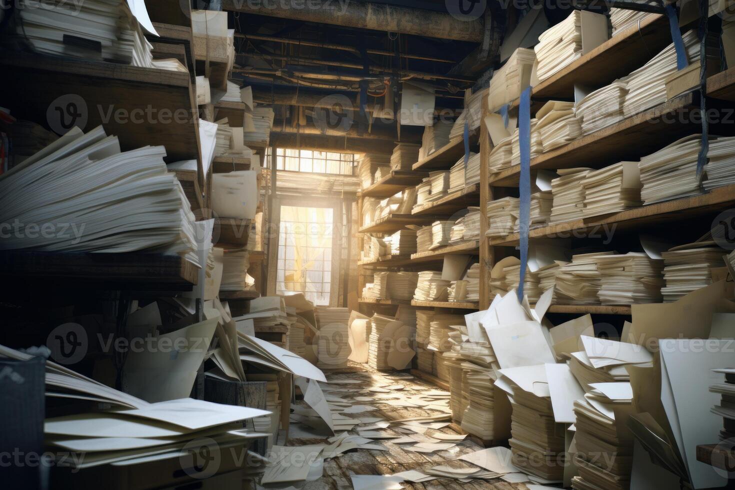 Stacks of paper filling dusty old archive room with sunlight shining through window photo