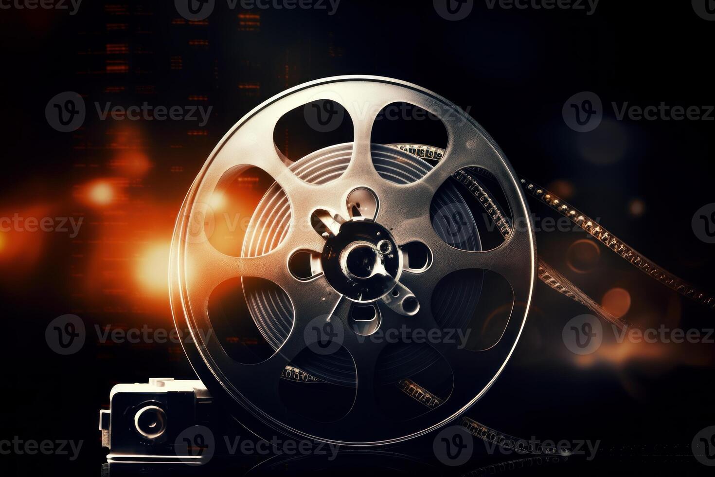 Vintage film reel and projector emitting orange light in cinematic background photo