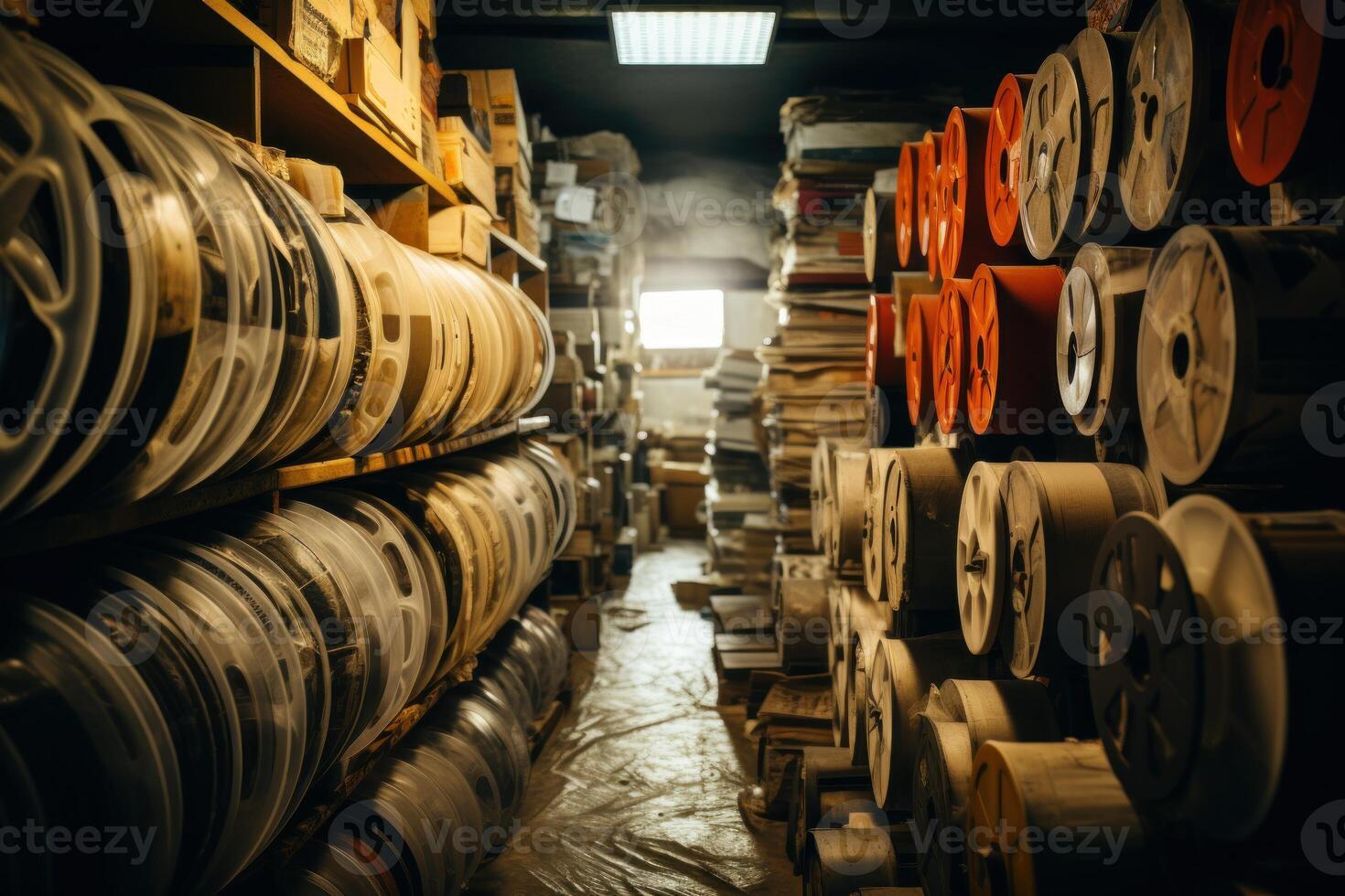 Reels of magnetic tape filling shelves in storage room archive photo