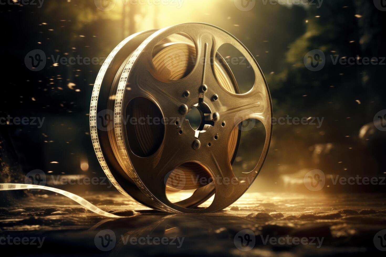 Film reel unwinding, revealing cinematic memories in golden light photo