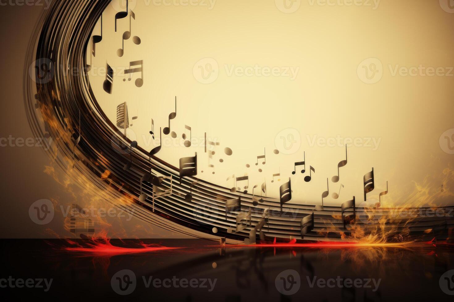 Musical notes flowing from grand piano keyboard with fire effect photo