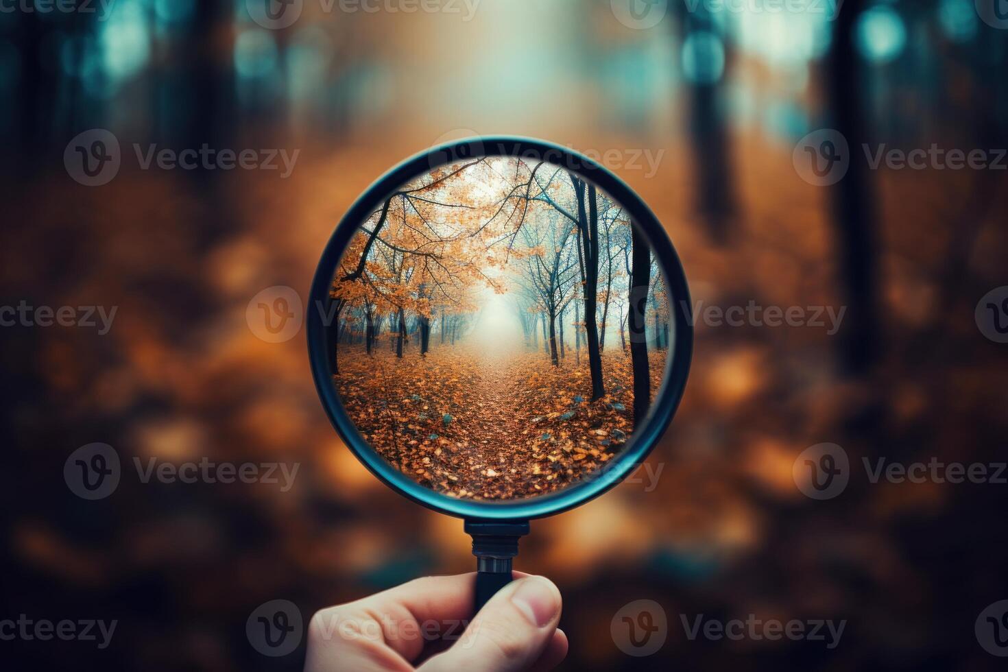 Hand holding magnifying glass showing autumn forest path photo