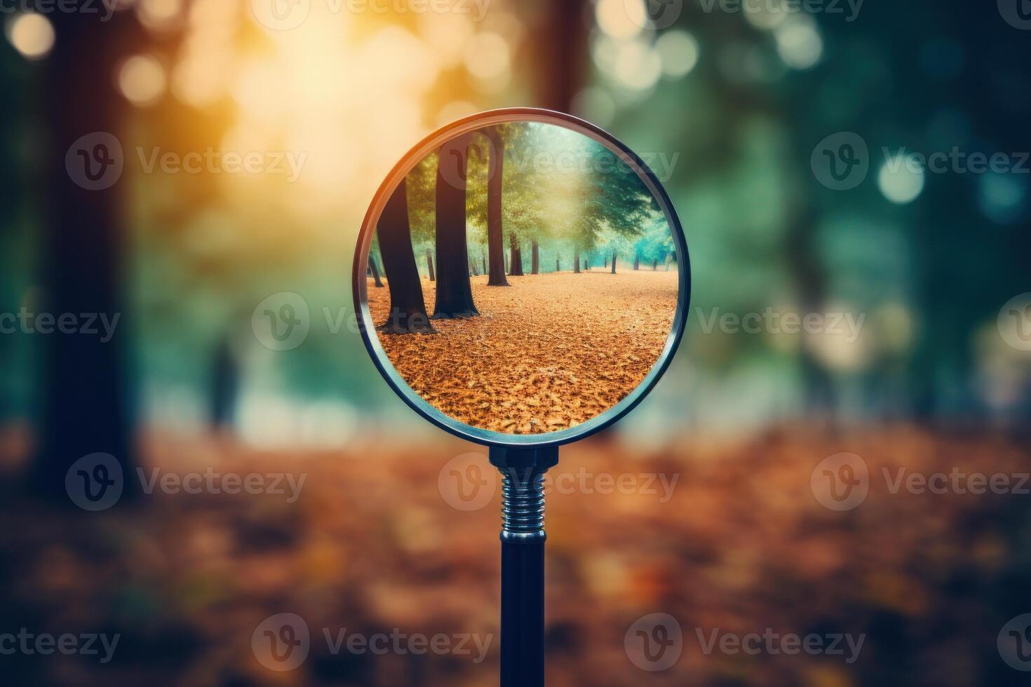 Magnifying glass showing autumn forest path covered with fallen leaves photo