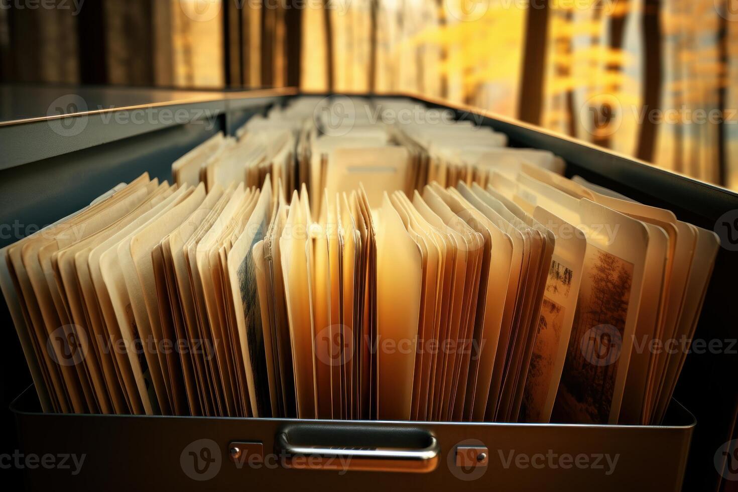 Open filing cabinet drawer showing old photographs with autumn background photo
