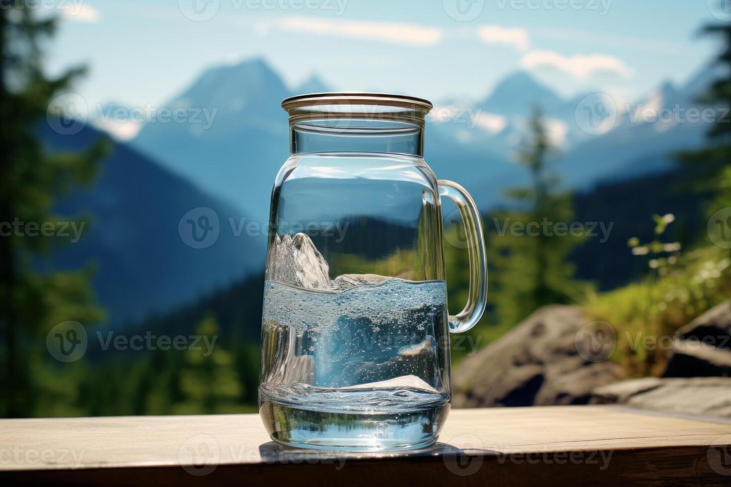 Glass jug filled with sparkling water in the italian alps photo