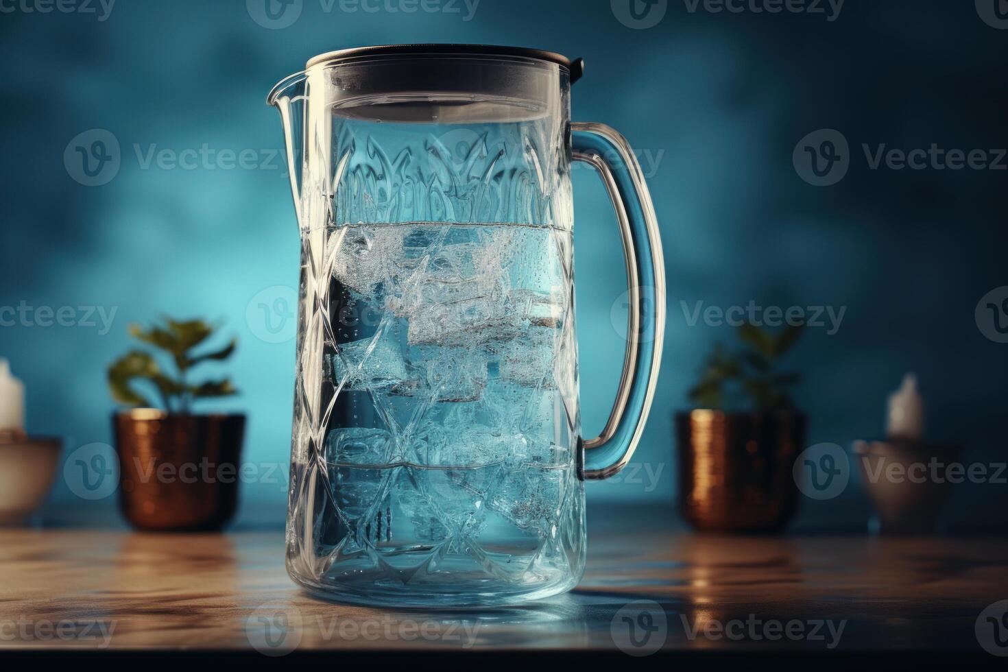 Refreshing ice water in elegant glass pitcher on table photo
