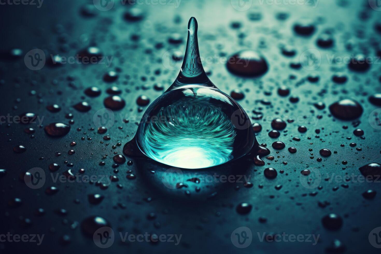 Large drop of water reflecting light on dark surface with smaller droplets photo