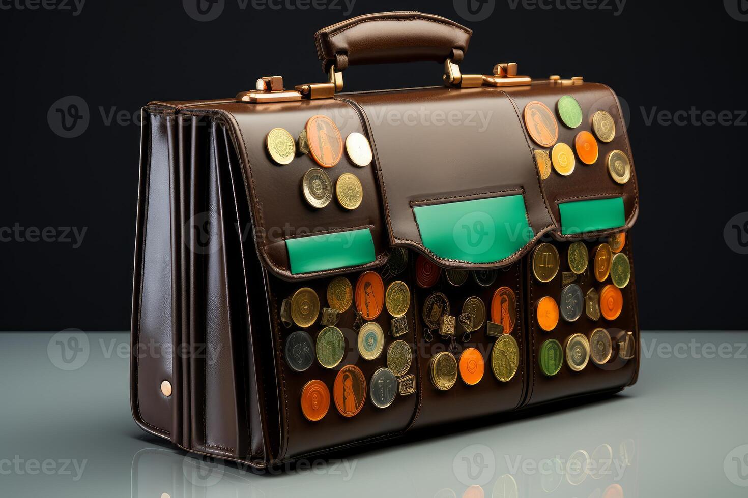 Brown leather briefcase decorated with colorful enamel pins and metal objects photo