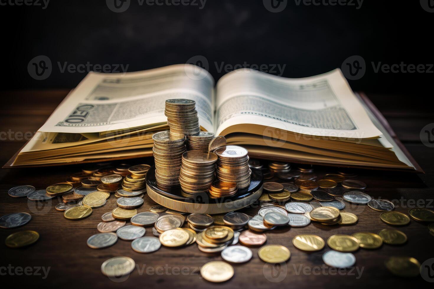 Stacks of coins forming a growing graph on open book symbolizing investment in education photo