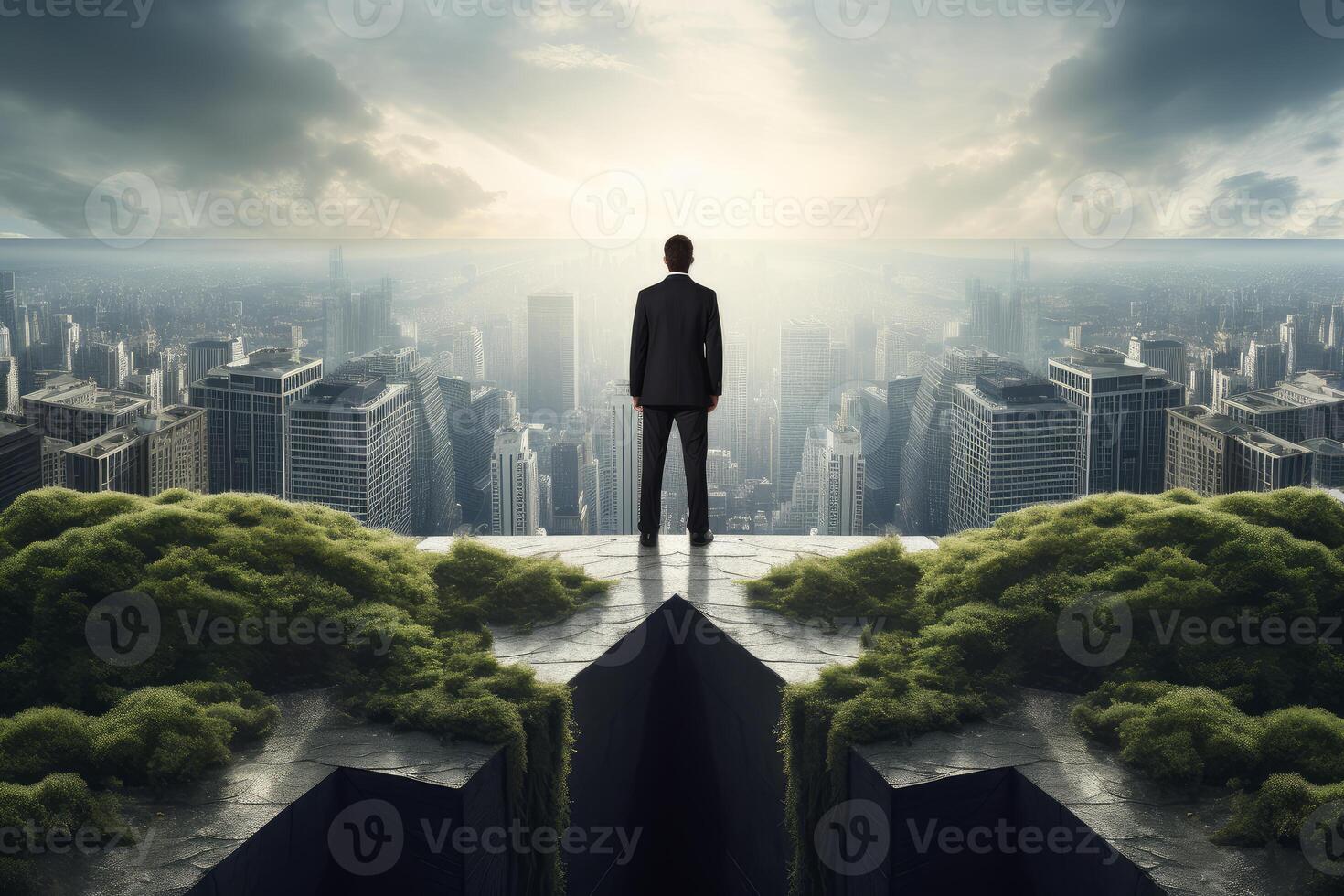Businessman standing on mossy cliff observing big city skyline at sunrise photo