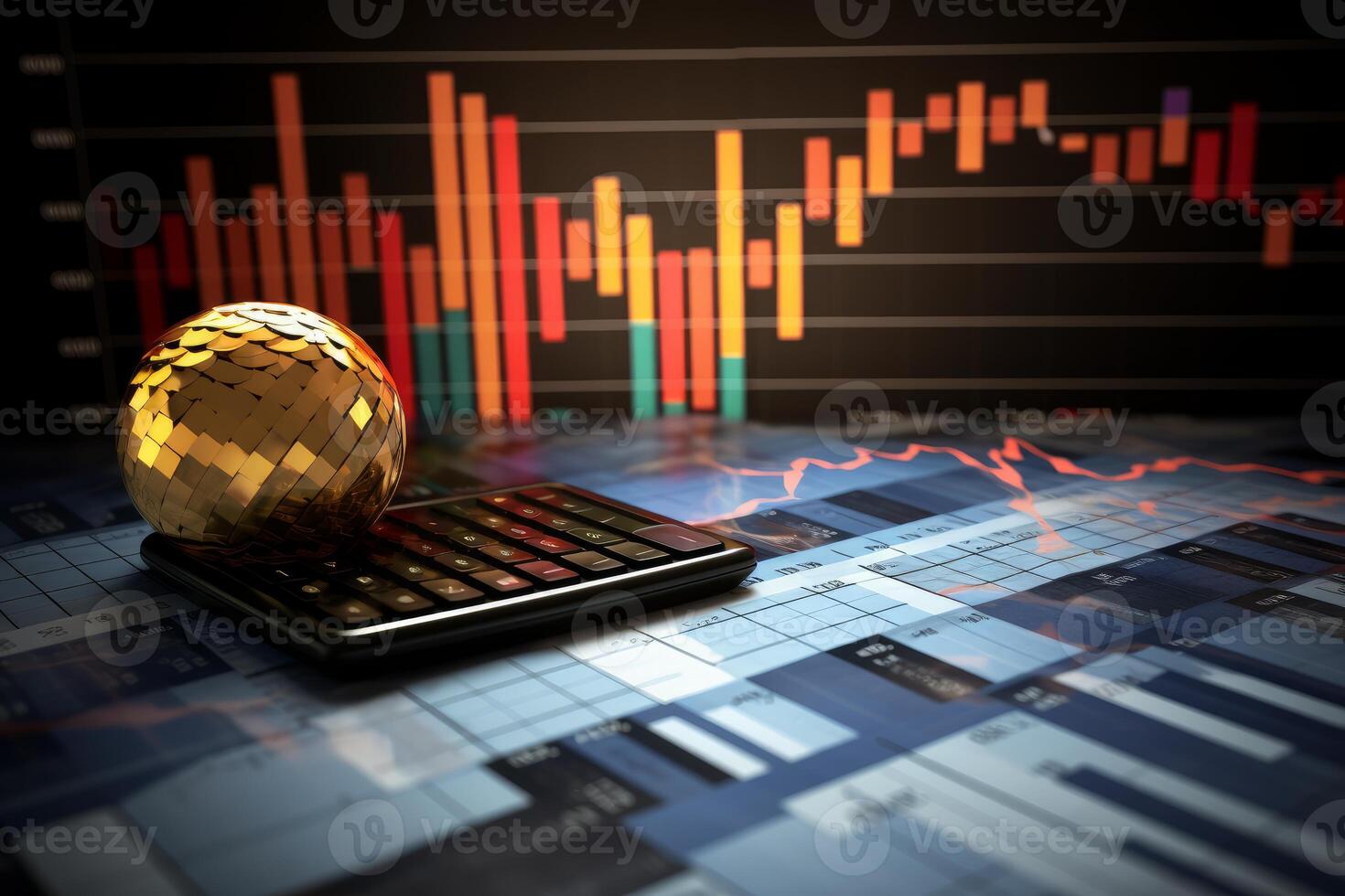 Golden sphere balancing on calculator symbolizing financial risk and investment decisions photo