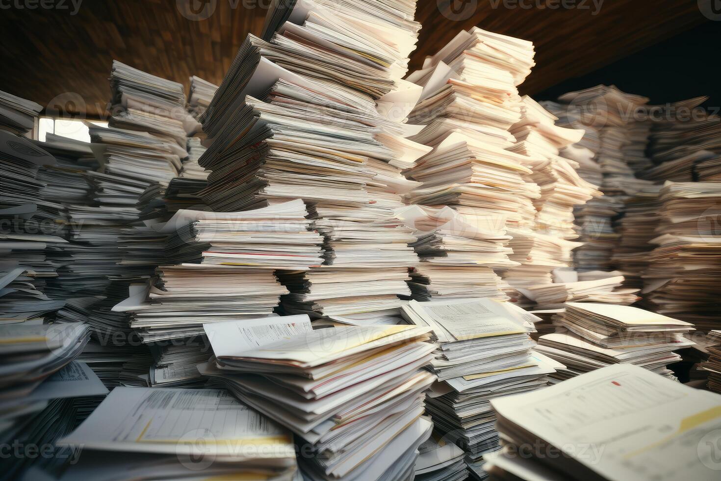 Stacks of paper showing bureaucracy, messy administration, and inefficiency photo