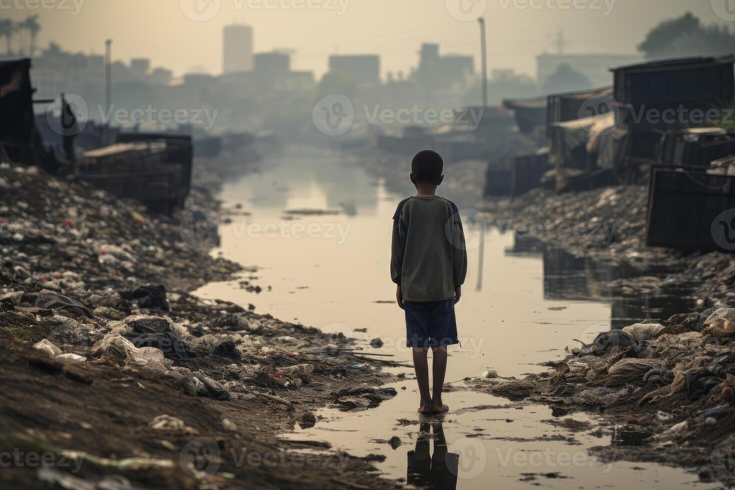Young boy standing in polluted water of a slum in lagos, nigeria photo