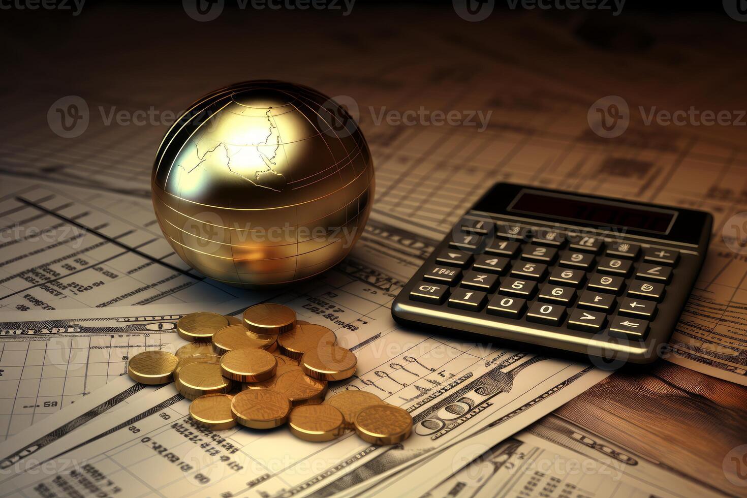 Golden globe, calculator, coins, and banknotes symbolize global finance, investment, and international trade photo