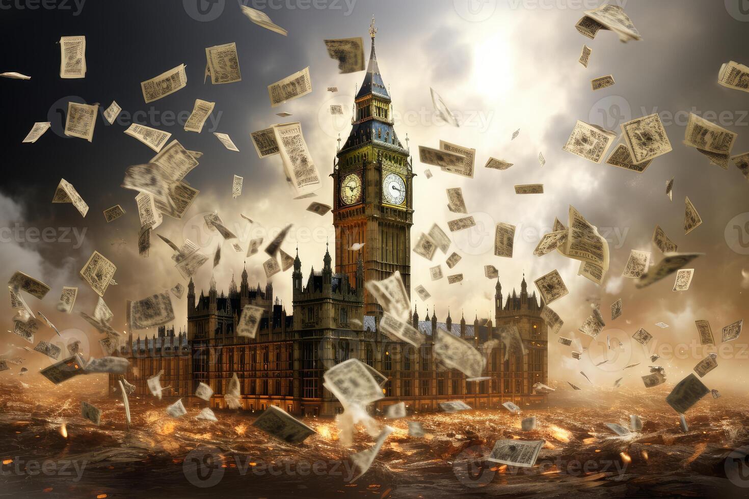 Banknotes are swirling around big ben and the palace of westminster in london photo
