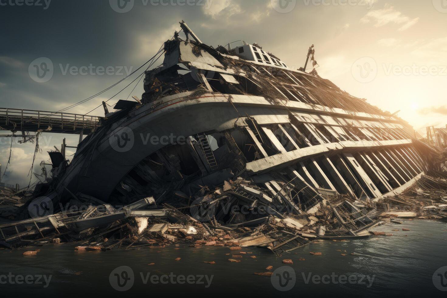 Capsized ship sinking in dramatic sunset after natural disaster photo