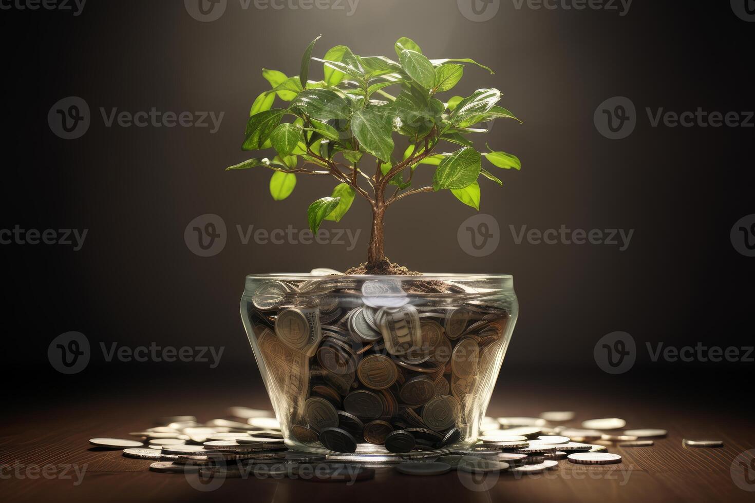 Small tree growing from coins in glass jar symbolizing investment and wealth photo