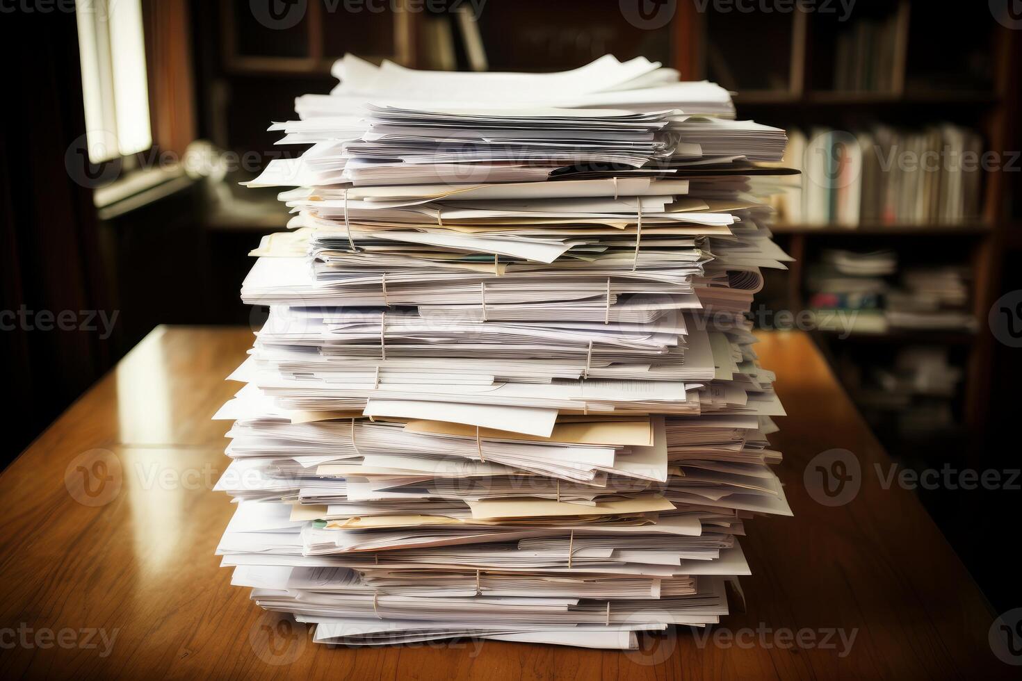 Stack of papers sitting on wooden table in office representing administrative burden photo