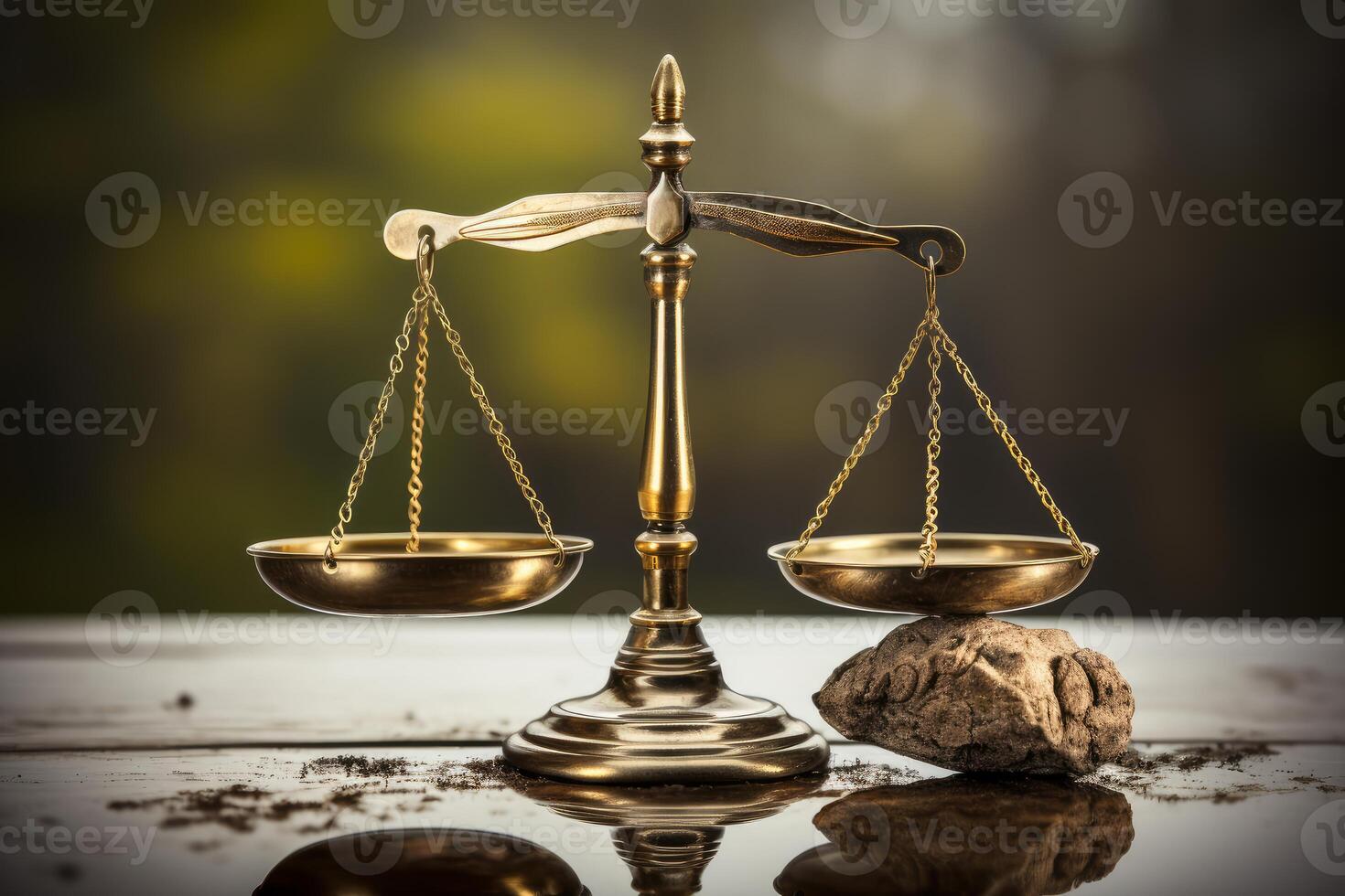 Golden scale balancing with stone and dust symbolizing justice and law photo