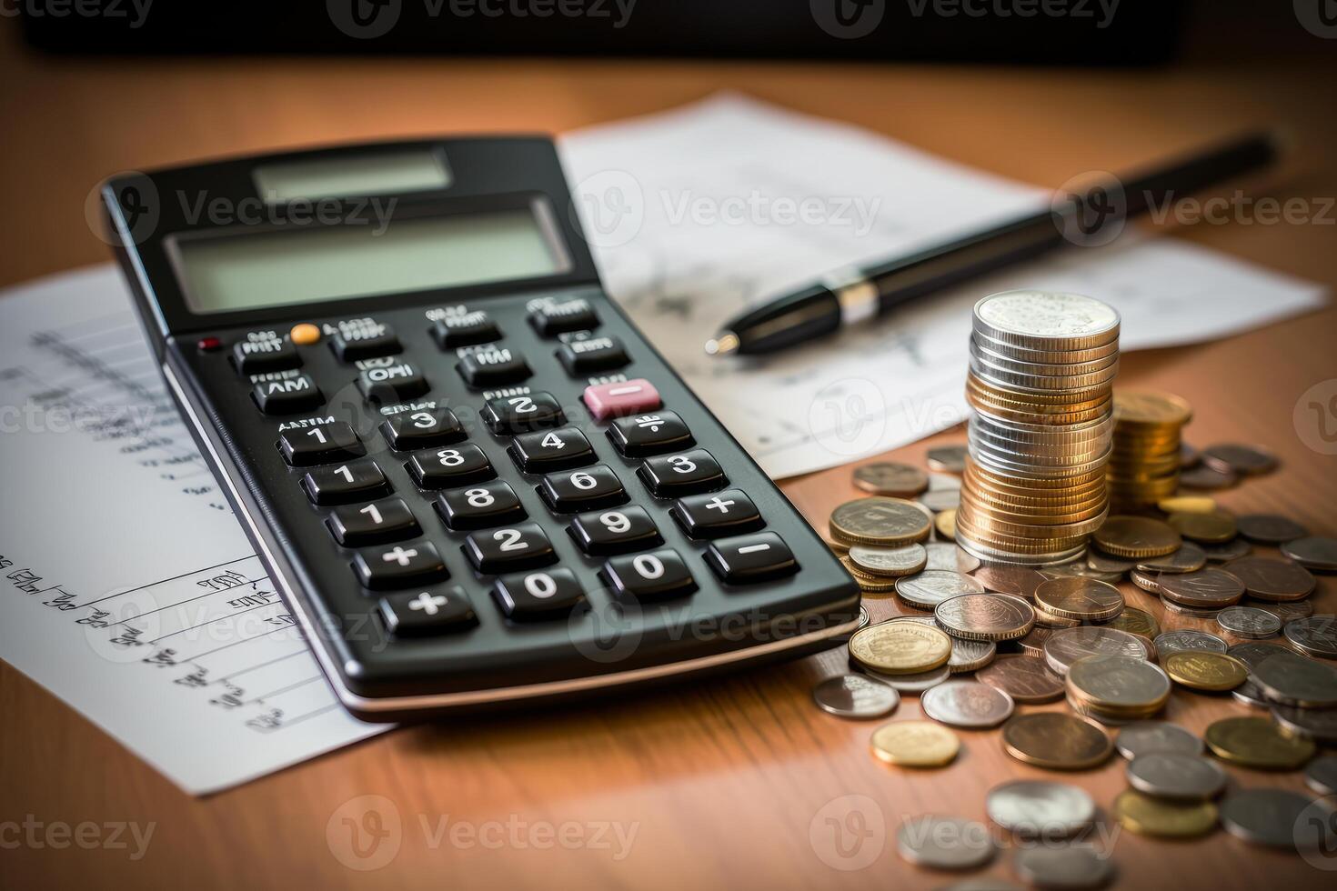 Accountant calculating business expense with calculator and coins photo