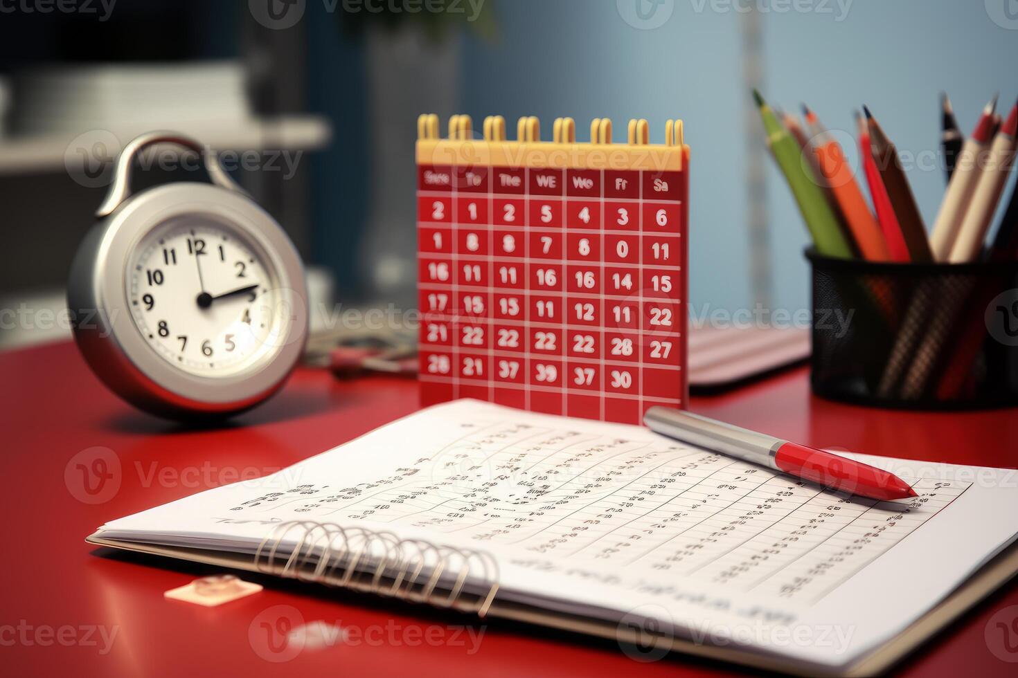 Clock, calendar, pen and notebook showing time management and planning on red desk photo