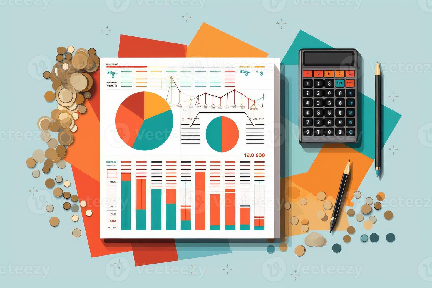 Financial report with charts, calculator and coins illustrating investment analysis photo