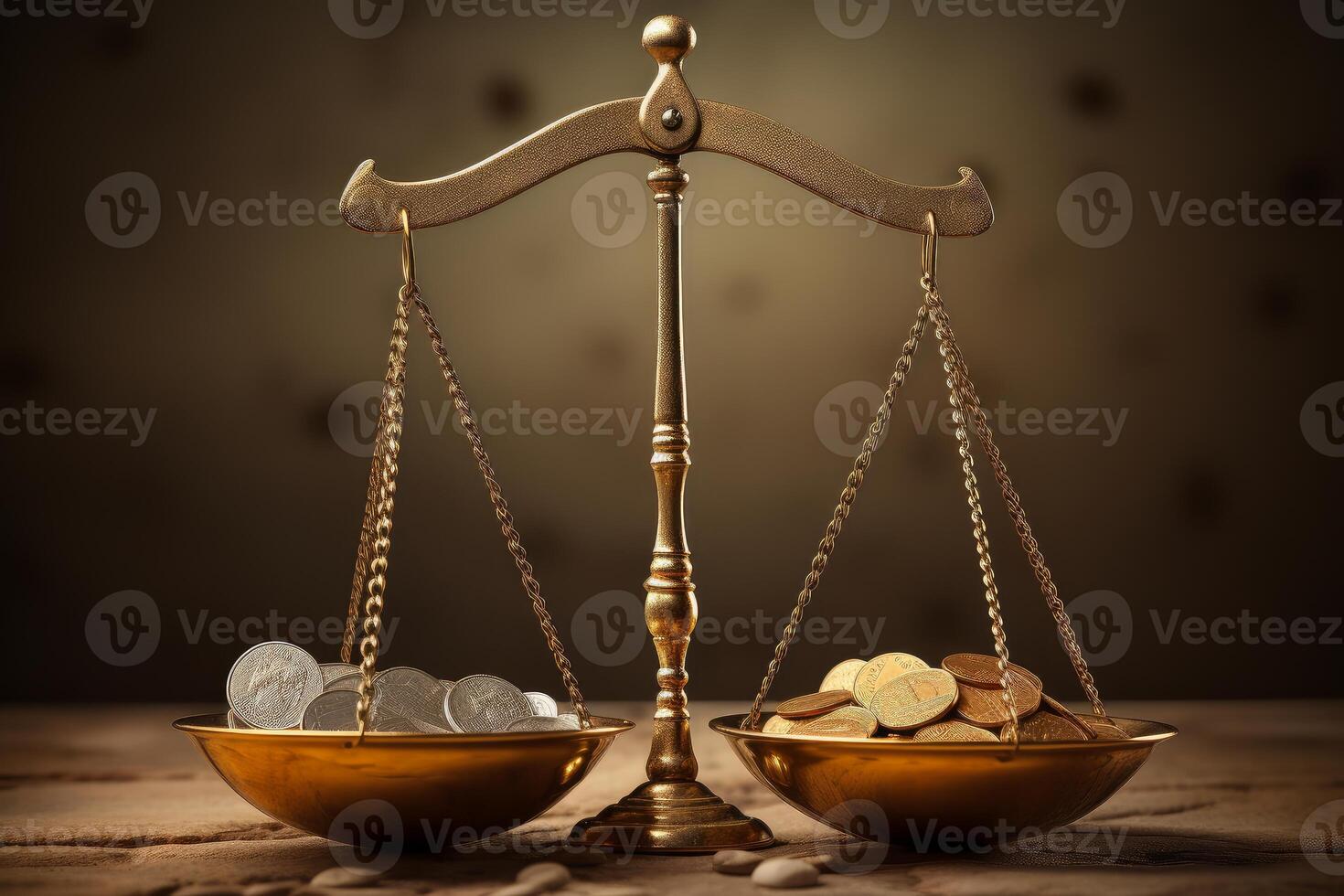 Golden balance scale weighing silver and gold coins representing financial decisions photo