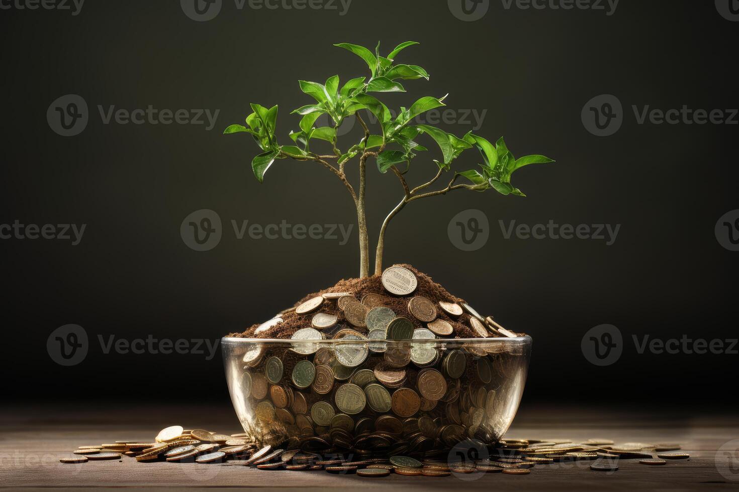 Small tree growing from coins in glass bowl on wooden table photo