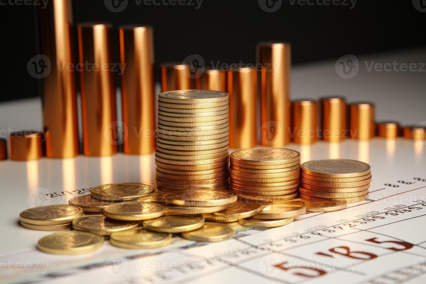 Gold coins stacked on financial documents with charts showing growth photo
